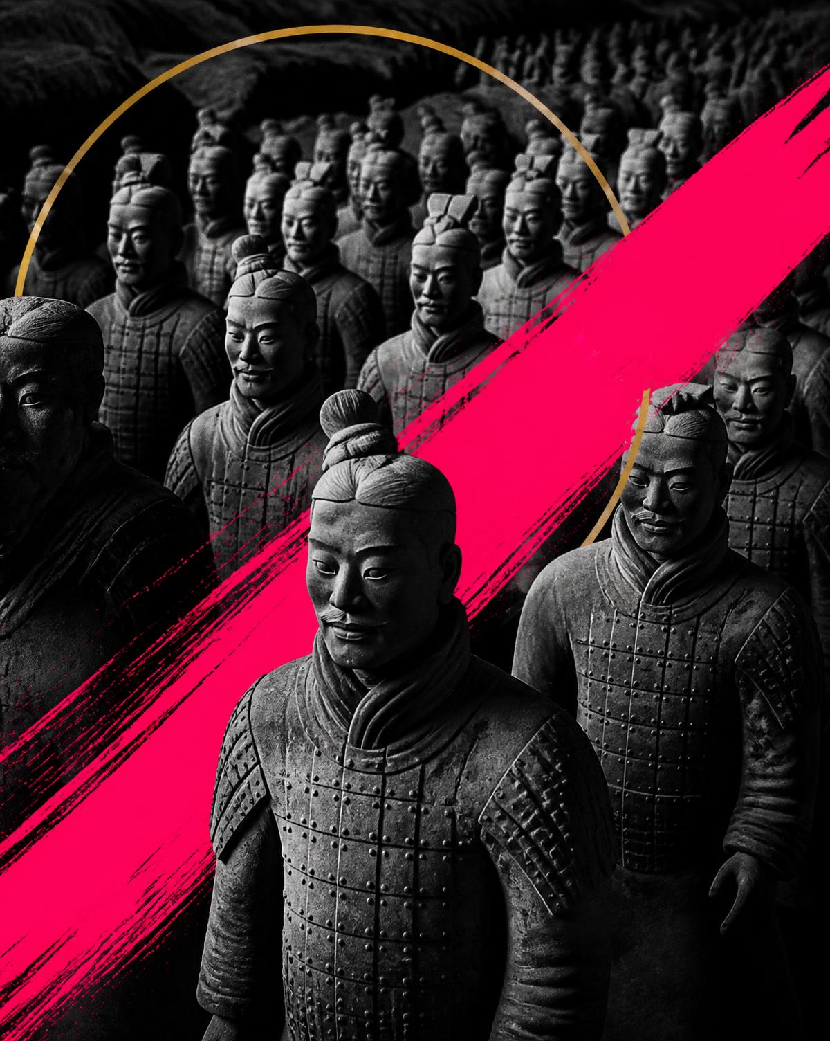 Ranks of Terracotta Army warriors, each face individual within the formation